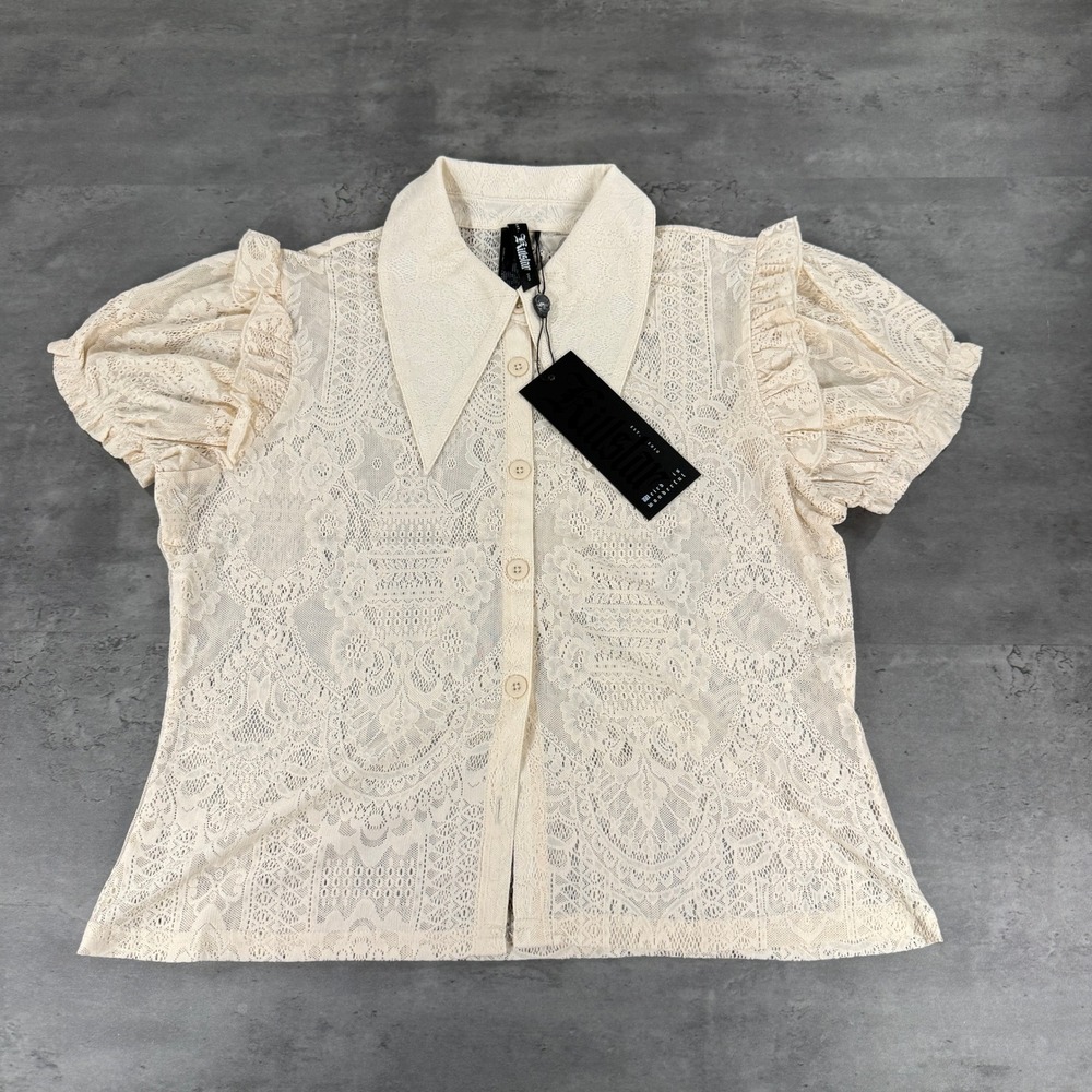 Killstar Blouse Womens XXL Vexina Collar Ivory Lace Ruffle Button Down NEW Polo